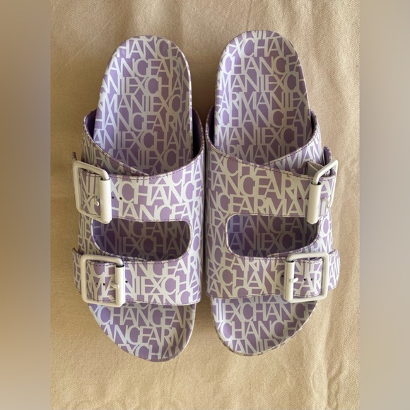 Armani Exchange Dual Strap Flat Slide Sandals Violet Purple Branded Print 9 - Picture 3 of 11
